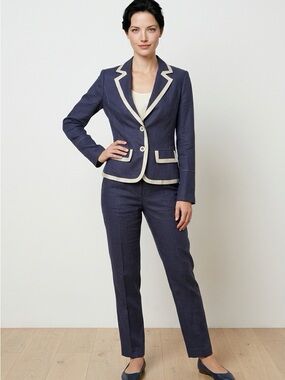 Script Navy Linen Blazer with White Trim Size 8